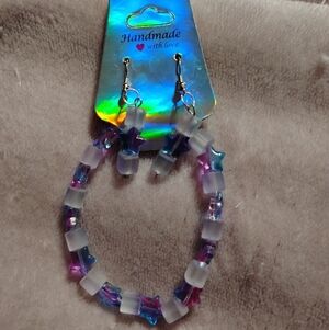 Handmade adorable colorful purple blue and pink star bracelet and earring set